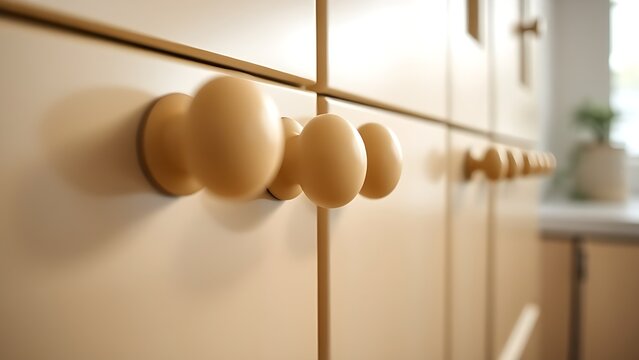 Close-up of Art Deco style bakelite knobs on kitchen cabinet, vintage aesthetic.