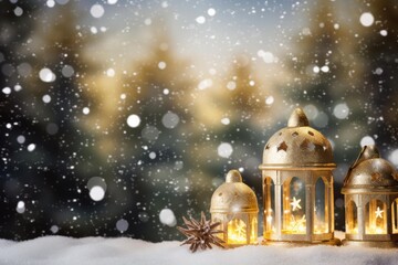 Naklejka premium Warm illuminated lanterns standing on snow against a bokeh winter background