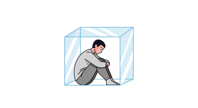 Man trapped in glass box. Person feeling confined. Isolated individual. Vector illustration. Glass prison. Feeling trapped. Depressed person. White background.