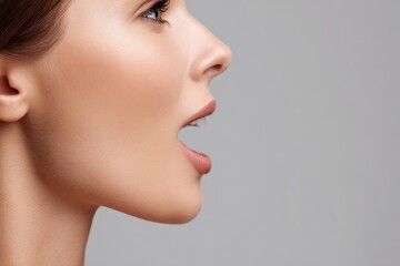 Fototapeta premium Side profile portrait of a woman with an open mouth as if speaking, soft studio lighting