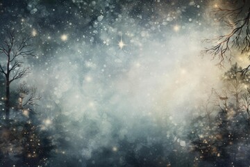Naklejka premium Dreamlike winter forest background featuring sparkling stars and glowing bokeh lights