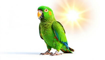 Fototapeta premium The green parrot stands prominently with bright feathers under a shining sun. The parrot's colorful features and lively appearance capture attention in the vibrant light.