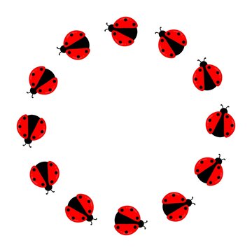 Ladybug circle frame. Circle frame with ladybug. Round laddybird frame. Round border with red bettle. Simple bright background, decoration for spring, summer, natural, kids design
