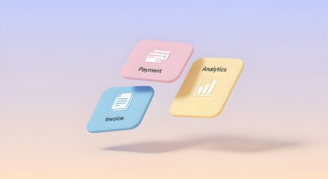 Three colorful floating squares display Analytics, Payments, and Invoice icons in mid-air against a gradient background.
