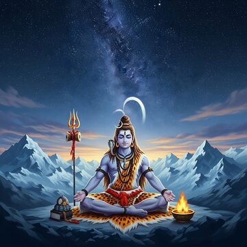 Shiva meditates under starry night sky.