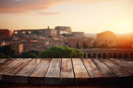 Empty wooden table providing copy space with a classic roman cityscape in soft focus