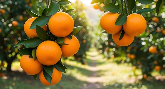 Fresh oranges hanging on tree branches in a sunny orchard
