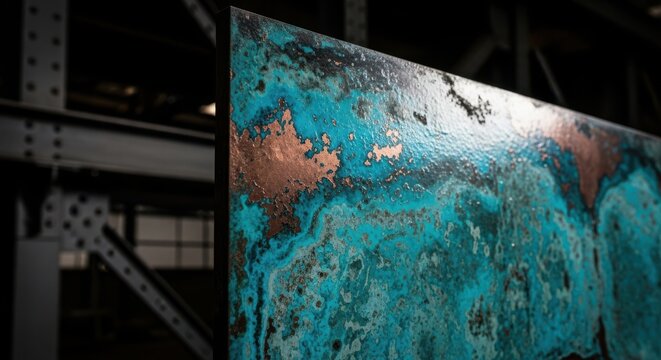 Close-up view of a weathered oxidized copper panel showcasing vibrant verdigris patina and metallic textures