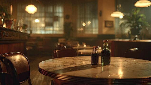 Two small bottles on a vintage diner's marble table, warm light illuminates cozy interior