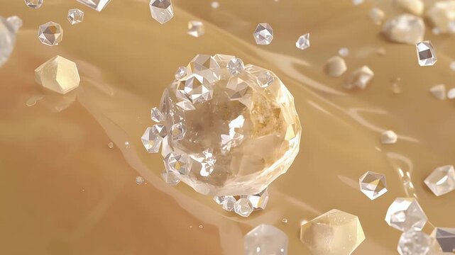Tiny mineral particles floating in fluid, particles slowly sticking together, forming a small sharp crystal stone
