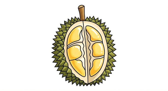 Vector cartoon illustration of a halved durian fruit showing yellow pulp and thorny skin, isolated on a white background