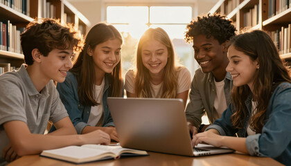 Fototapeta premium A group of five students, three girls and two boys, are gathered around a laptop in a library. The students are focused on the laptop, enjoying their collaborative work.