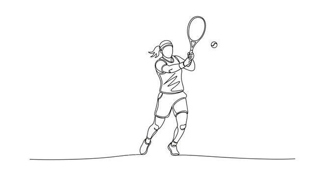 Continuous line drawing of a female tennis player hitting a forehand shot.