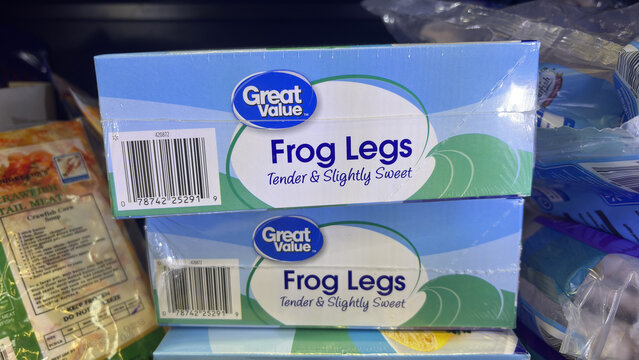 Frog Legs package in the frozen food section of Walmart. Frog Legs are often said to taste like chicken.