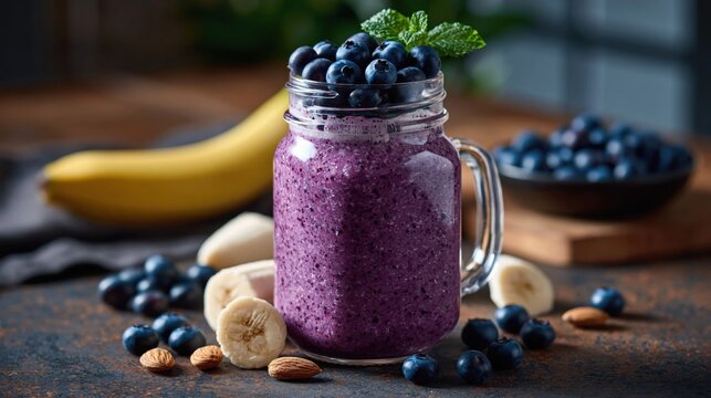 Fresh blueberry banana smoothie in mason jar with mint garnish