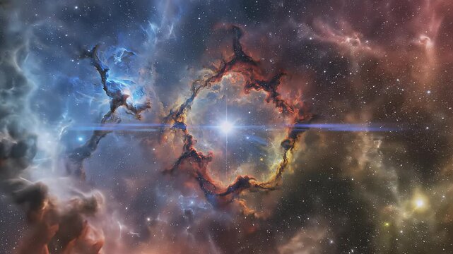 Cosmic nebula clouds swirl in bright colors creating a vibrant cosmic scene. Stars and gas formations fill dark background. Concept of space exploration, astronomy, science themes