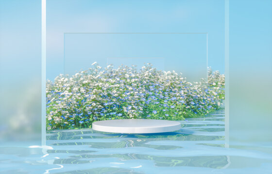 Natural beauty podium backdrop with spring landscape scene. 3d rendering.