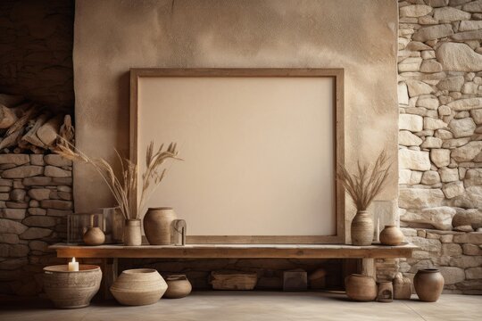 Blank poster frame standing on a wooden shelf in an adobe and stone room with dried plants