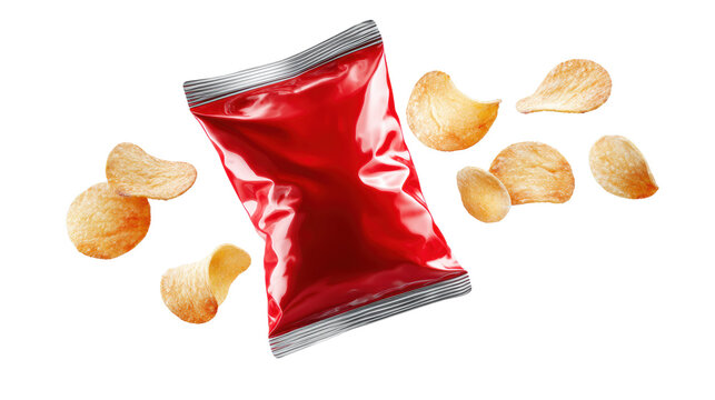 Blank red foil potato chips bag mockup with floating crisps isolated on transparent background