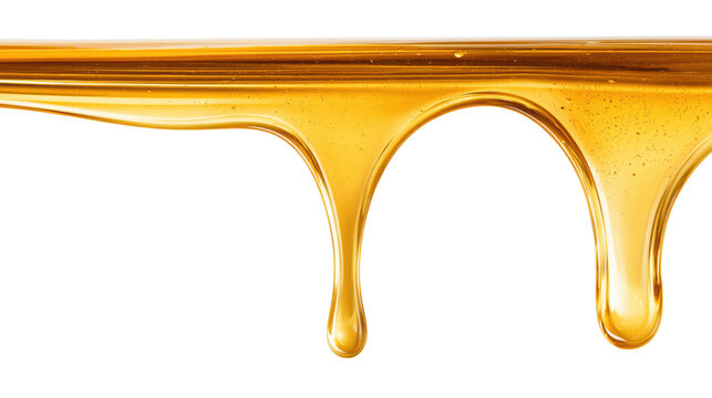 Golden honey drip with glossy viscous syrup flow and droplets isolated on transparent background