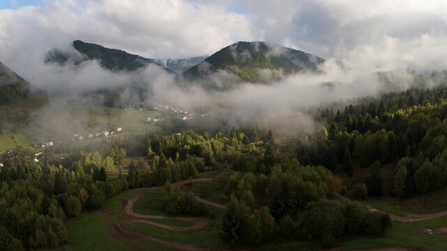 Aerial view of mountain peaks and forest valley with low clouds