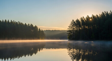 Fototapeta premium A serene lake surrounded by trees at sunrise with mist rising from the water's surface