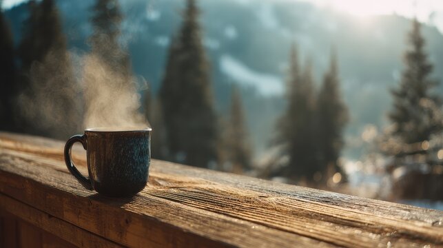 Warm beverage on a wooden railing overlooking expansive mountain landscape