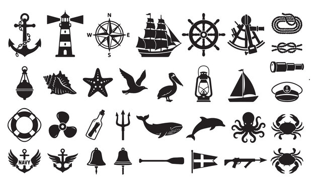 Black and white vector silhouette set of nautical.