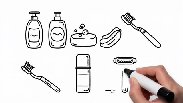 Hand-drawn bathroom hygiene icons simple line art for personal care and grooming.