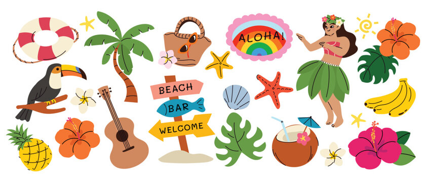 Summer tropical beach aloha vector set with hula dancer, toucan, palm tree, coconut drink, hibiscus flowers, guitar, beach sign and island vacation elements. Hand drawn summer illustration for poster.