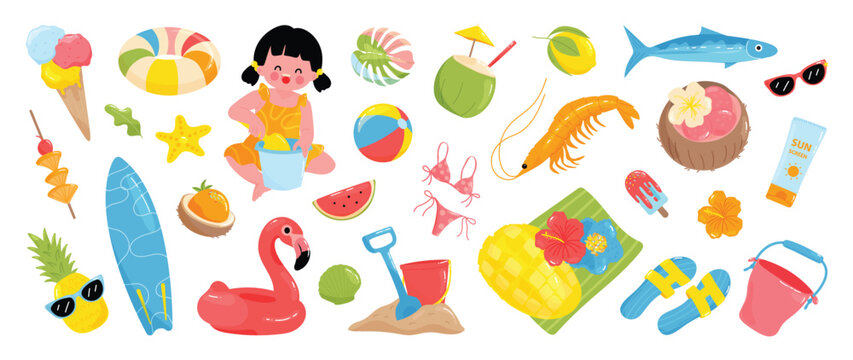 Summer beach elements vector set with cute girl, surfboard, flamingo float, tropical fruits, swimsuit, sunscreen and vacation accessories. Hand drawn summer illustration collection for poster, sticker