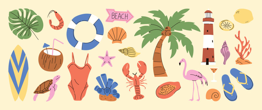 Summer beach elements vector set with palm tree, flamingo, surfboard, lighthouse, swimsuit, float ring, coconut drink and tropical seaside icons. Hand drawn summer illustration collection for poster.