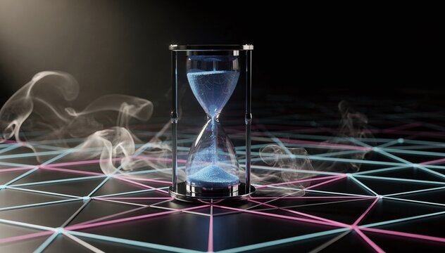 Abstract hourglass with blue sand and digital network grid on dark background, symbolizing finite time, technology, and connection in a futuristic setting