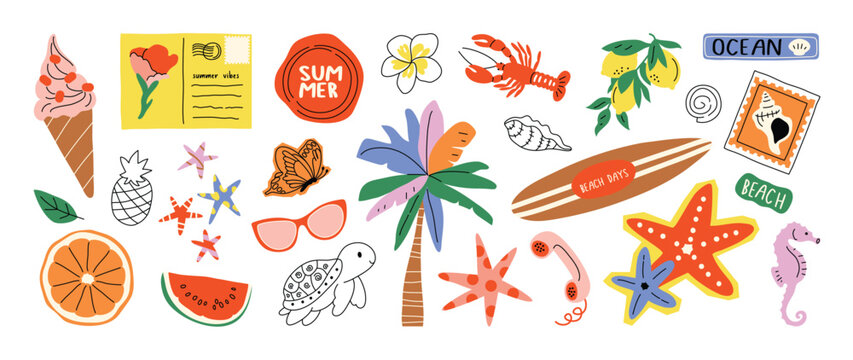 Summer beach elements vector set with palm tree, surfboard, starfish, ice cream, seashell, lemon, lobster, turtle and tropical icons. Hand drawn summer illustration collection for sticker, poster.