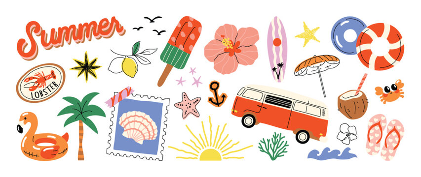 Summer beach vacation doodle icon set