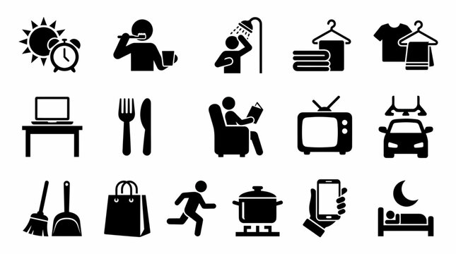 A set of silhouette icons depicting daily life activities and objects in a modern environment.
