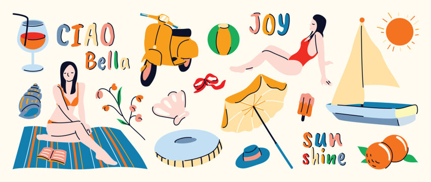 Summer beach doodle vector set with woman, sailboat, scooter, wine glass, umbrella, seashell, oranges and sunshine. Hand drawn summer vacation illustration for poster and banner.