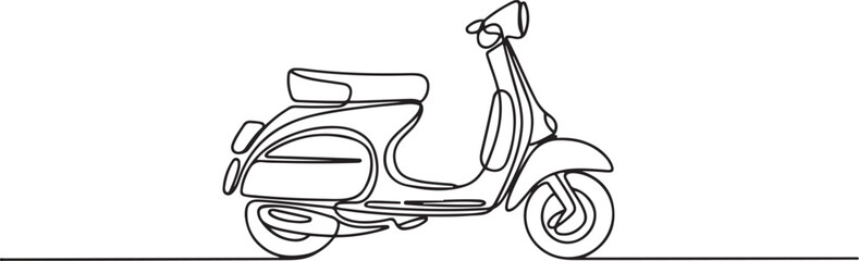 single line drawing of classic motor scooter isolated on white background, line art vector illustration. one line Icon drawing © firoz