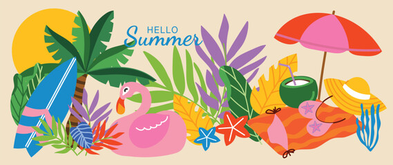 Obraz premium Hello Summer tropical beach vector background with flamingo, surfboard, palm leaves, umbrella, coconut drink, starfish and sun hat. Hand drawn summer illustration for poster, banner.