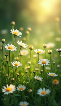 A field of daisies with the sun shining through them.