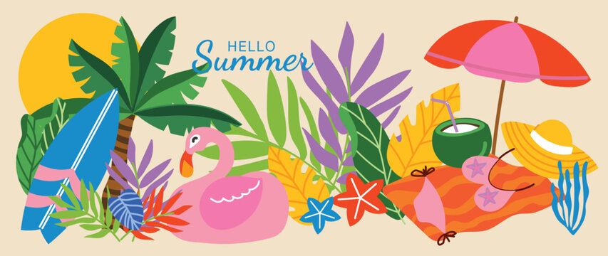 Hello Summer tropical beach vector background with flamingo, surfboard, palm leaves, umbrella, coconut drink, starfish and sun hat. Hand drawn summer illustration for poster, banner.