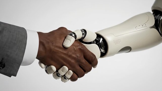 Robot and human hands meet in handshake. Setting indicates partnership between artificial intelligence and workforce. Clean background highlights technology. Concept technology, business, innovation