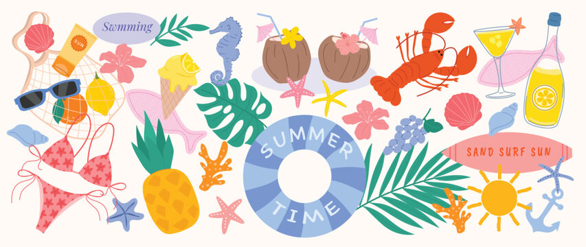 Summer time beach doodle vector set with swimsuit, sunglasses, tropical fruits, seashells, starfish, lobster, cocktail, coconut drinks and floral elements. Hand drawn summer illustration collection.