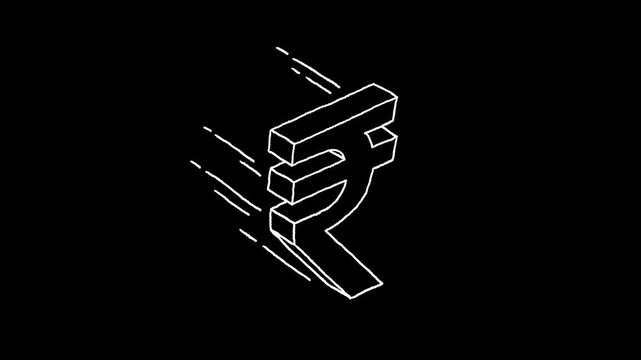 Indian Rupee Symbol flying with 3D isometric line art speed motion trails for dynamic finance and economy projects, 4k animated video, alpha transparent video.