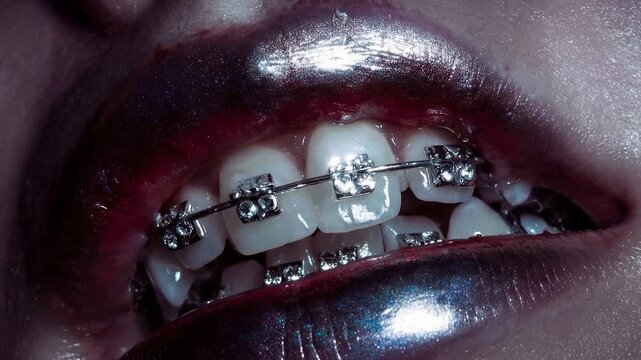 Close up of glossy lips with braces capturing dental care beauty and orthodontic treatment in modern aesthetic portrait with focus on texture and shiny surface