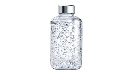 Fototapeta premium Clear glass cosmetic bottle filled with bubbling gel and silver cap isolated on transparent background