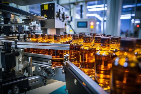 Amber bottles filled with liquid traveling on a conveyor belt in a modern factory setting