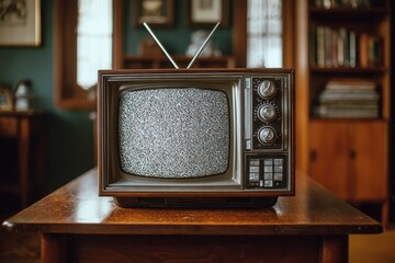 Fototapeta premium Vintage black and white television on a wooden coffee table in a moody living room
