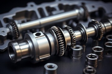Fototapeta premium Metal engine camshaft and various disassembled parts for automotive industry on a dark background
