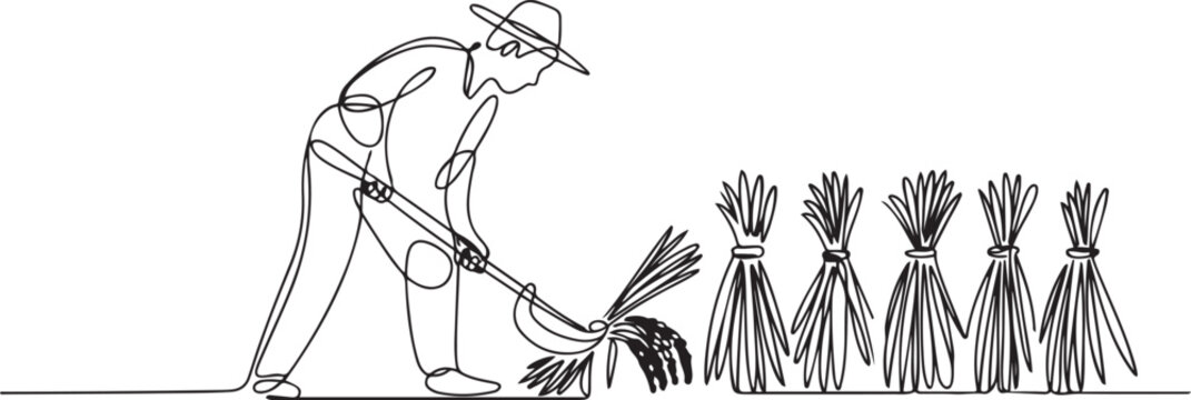 Single one line drawing of young male farmer was harvesting rice and there was also rice that had been tied up. one line Icon drawing